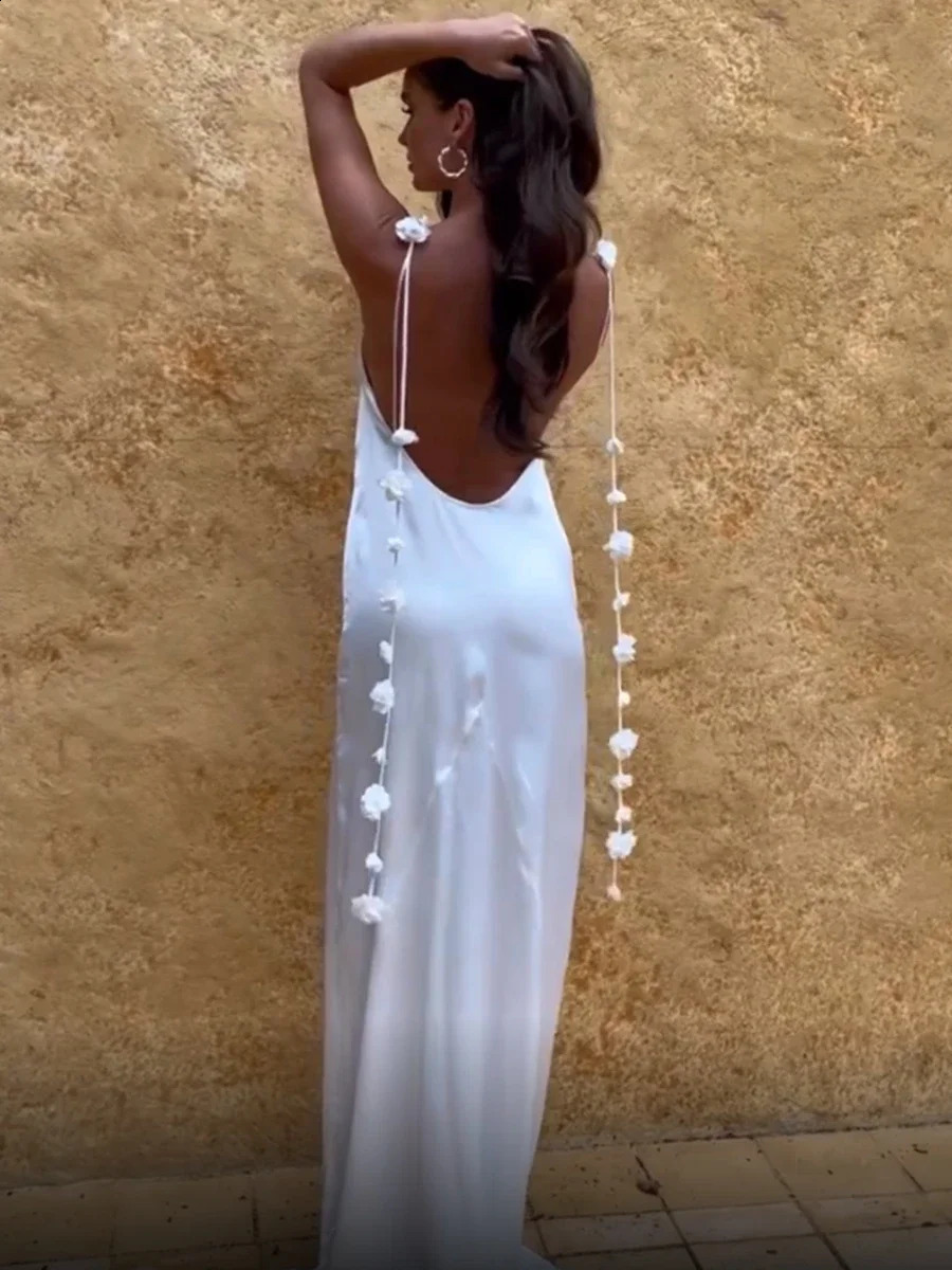 Combhasaki Womens Vintage Solid Color Flower Tassel Backless Sleeveless Summer Party Club Satin Maxi Long Bodycon Sling Dress 250804