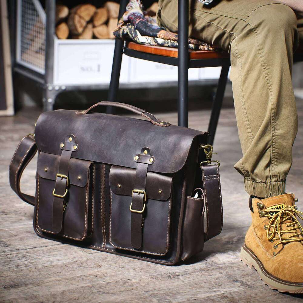 Vintage Genuine Men's Briefcase 16" Laptop Bags Crazy Horse Leather designer Sac homme Messenger Handbag Cowhide Idea Gift For Men