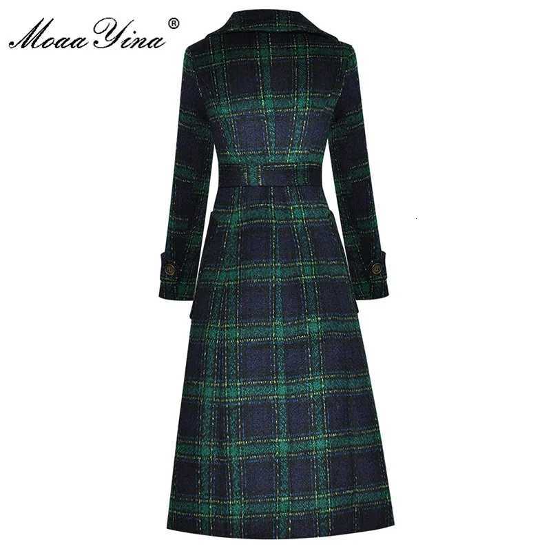 MoaaYina Fashion Designer Woolen Cloth Overcoat Winter Women Long Sleeve Double Breasted Lace-Up Keep Warm Plaid Overcoat Z250813