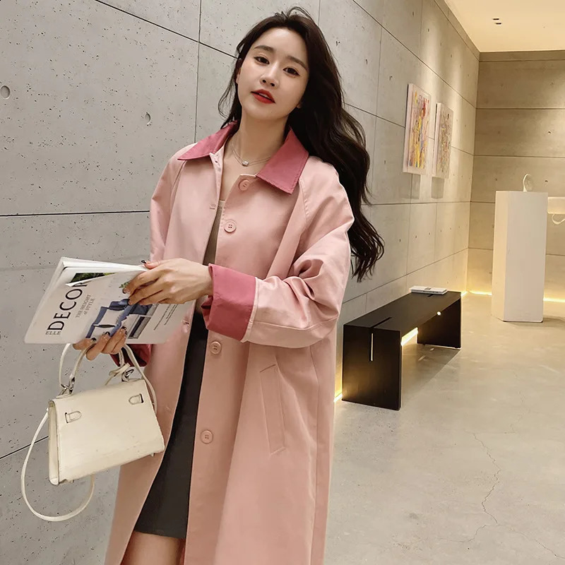 2025 Women Spring Long Trench Coat Contrast Color Pink Single Button Women Fashion Coat Casaco Feminino Trench Femme 250811
