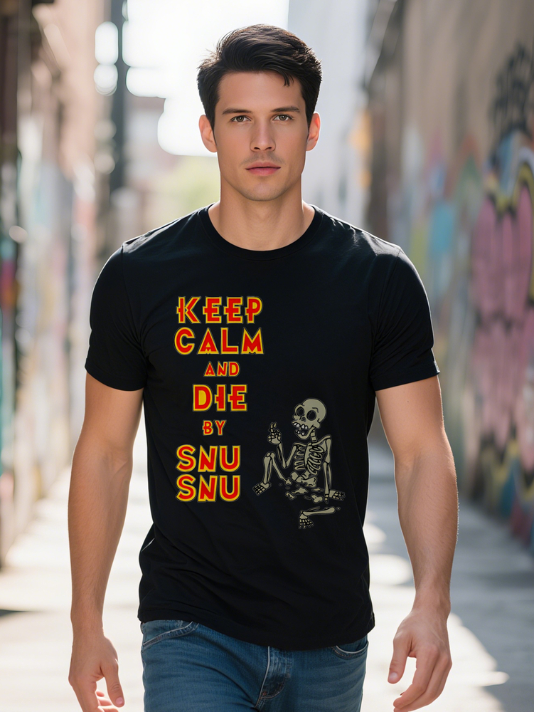 Men S Crew Neck T Shirt Keep Calm and Die by SNU Skull Print Black Graphic Tee with Bold Orange Lettering Perfect