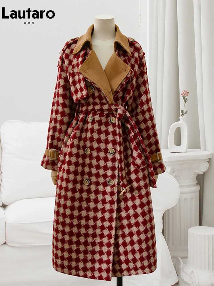 La Tarao Autumn Winter Long Thickened Warm Red Tweed Wool Coat Women Sashes Double Breasted Designer Runway Fashion 2022 Z250813