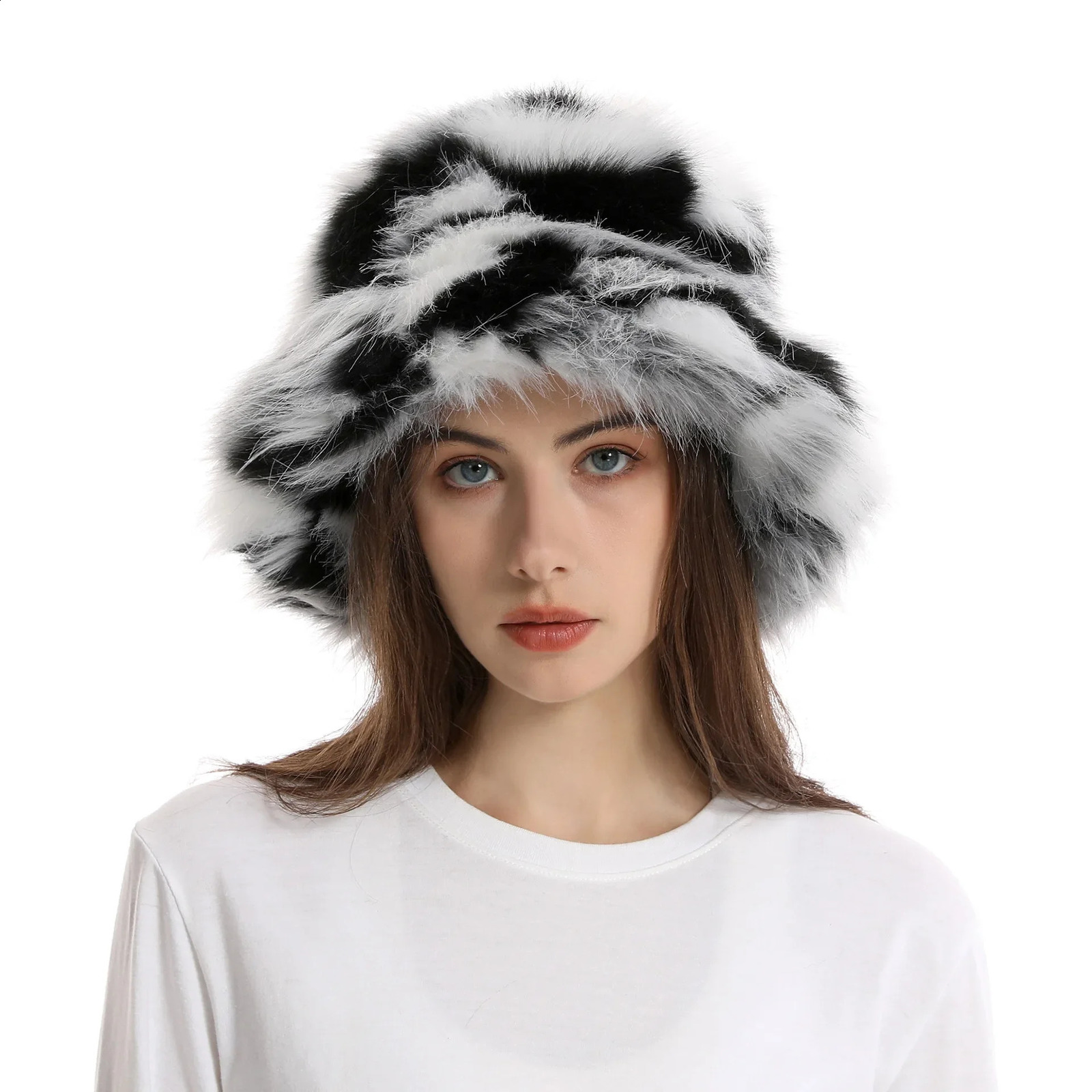 55-65cm Big Fluffy Faux Fur Bucket Hat For Women Men Winter Rainbow Color Warm Thick Plush Hat Party Panama Fisherman Cap 250808