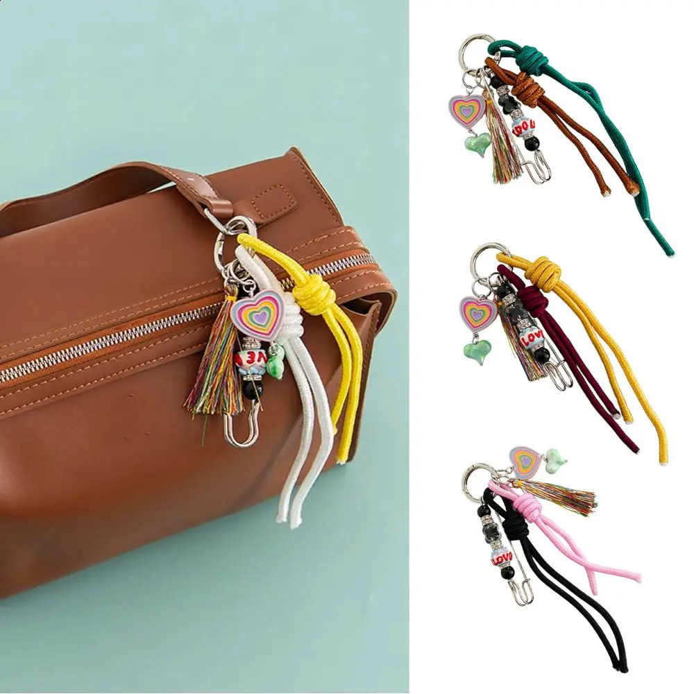 Woven Rope Keychain Bag Decoration Hanging Keychain Korean Style Acrylic Bead Heart Tassel Phone Case Bag Charms Y2k 250811