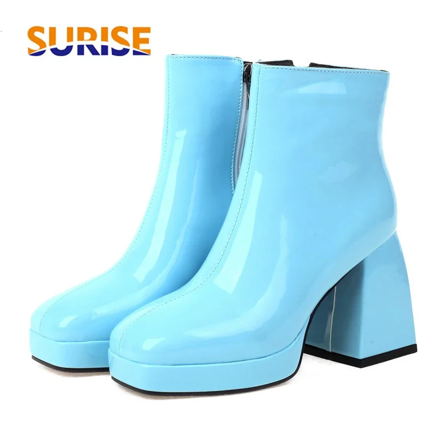 Glossy Patent Leather Ankle Boots Women High Block Heels Red Blue Black Party Dress Lady Winter Square Toe Platform Short Boots 250812