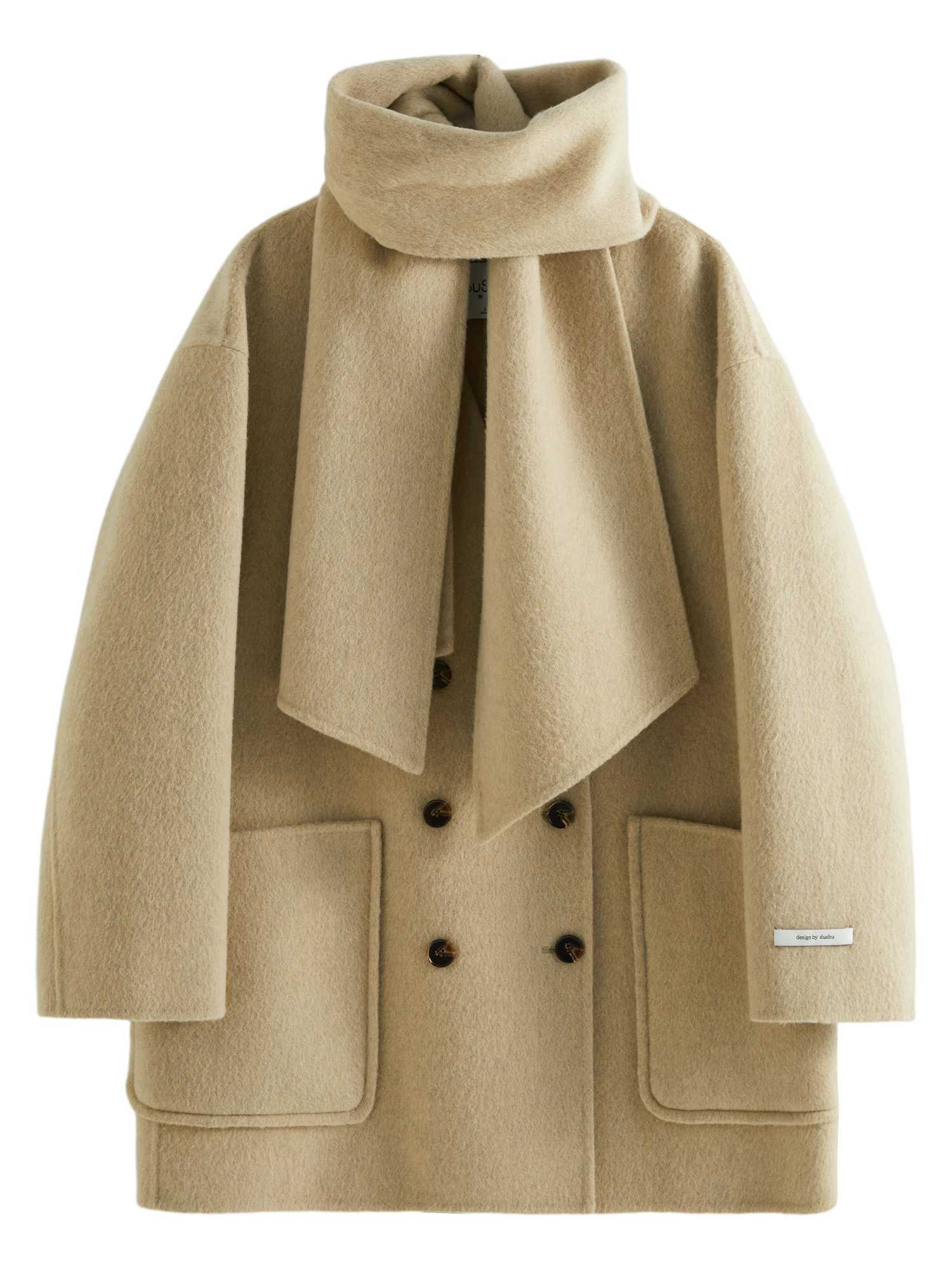 DUSHU Plus Size 100% Wool Autumn Winter V-neck Warm Double-faced Tweed Jacket With Scarf 2024 New Warm Fashion Coat 24DS84134 Z250813