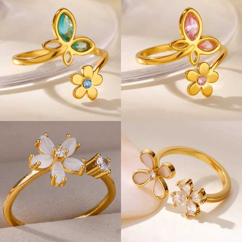 Luxury Zircon Butterfly Flower Rings for Women Stainless Steel Gold Color Cheap Ring Fashion Wedding Couple Y2K Jewelry Rings W250812