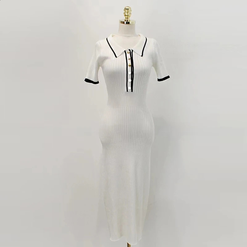 YuooMuoo Fashion Knit Sweater Dress Women Spring Summer Ribbed Contrast Short Sleeve Lapel Gown Dress Ladies Long Dresses 250806