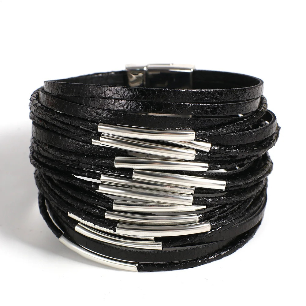 ALLYES Trendy Metal Tube Leather Bracelet for Women Men Chunky Glitter Filled Slim Multilayer Wrap Wide Bracelets Party Jewelry 250812