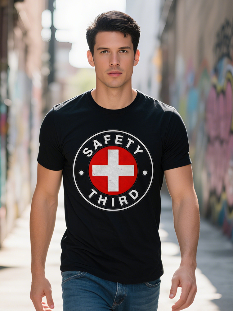Men S Casual Round Neck T-Shirt with SAFETY Third Cross Black Red White Tee Lightweight Summer Essential for
