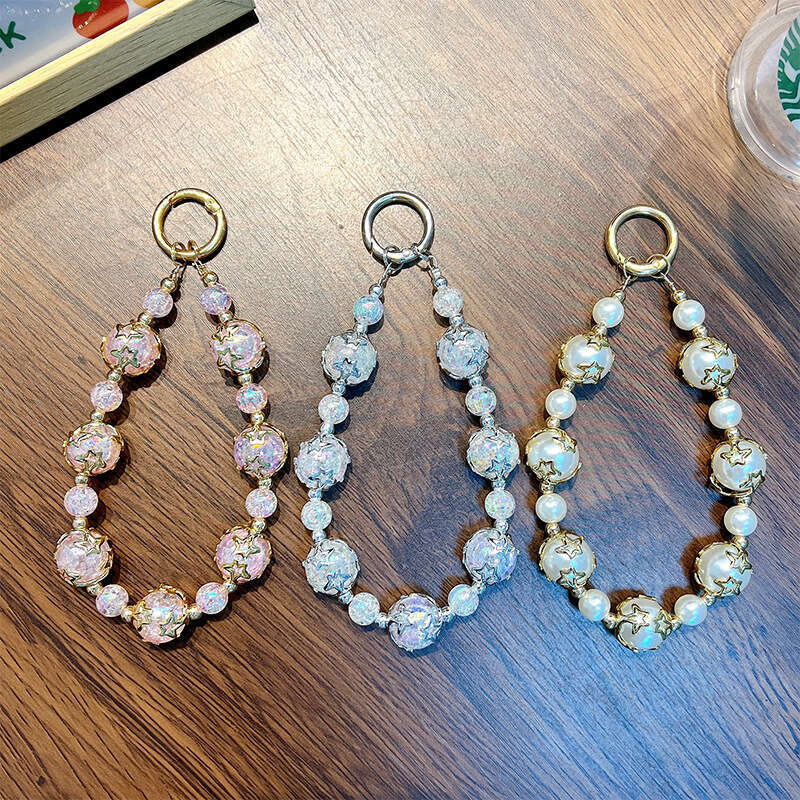 Pentagram Flower Holder Ice Crack Keychain Pendant Beaded Phone Bead Chain Bag Charm Small Gift