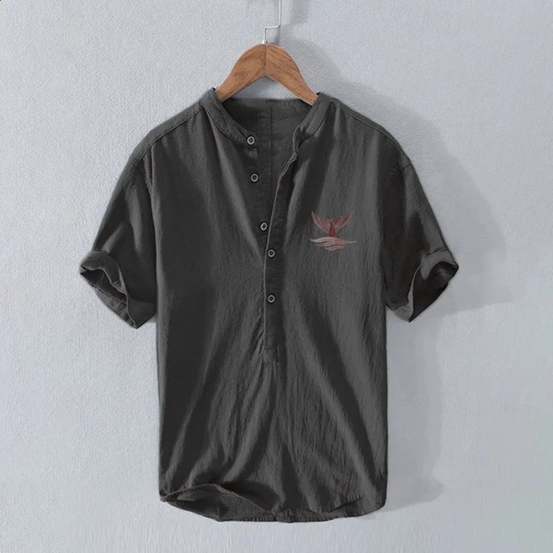 Mens Japanese Art Linen Blend Fashion Shirt Loose VNeck Button Short Sleeve Printed Top Camisas Acogedoras Ropa De Hombre 250808