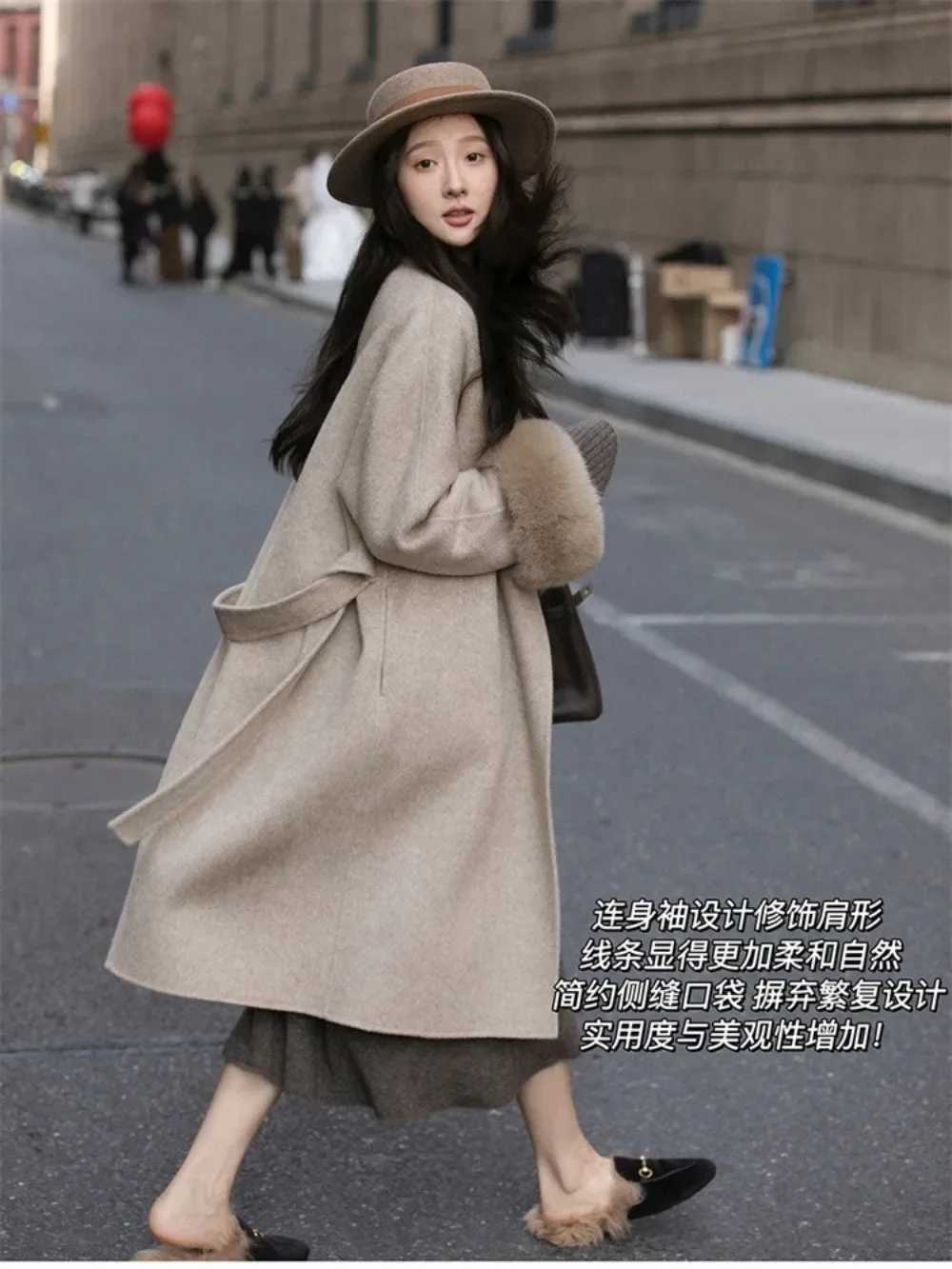 2024 Autumn Winter New Women Long Loose Belt Fashion Woolen Coat Female with Detachable Fur Sleeves and Real Fur Collar Wool Jacket Z250813