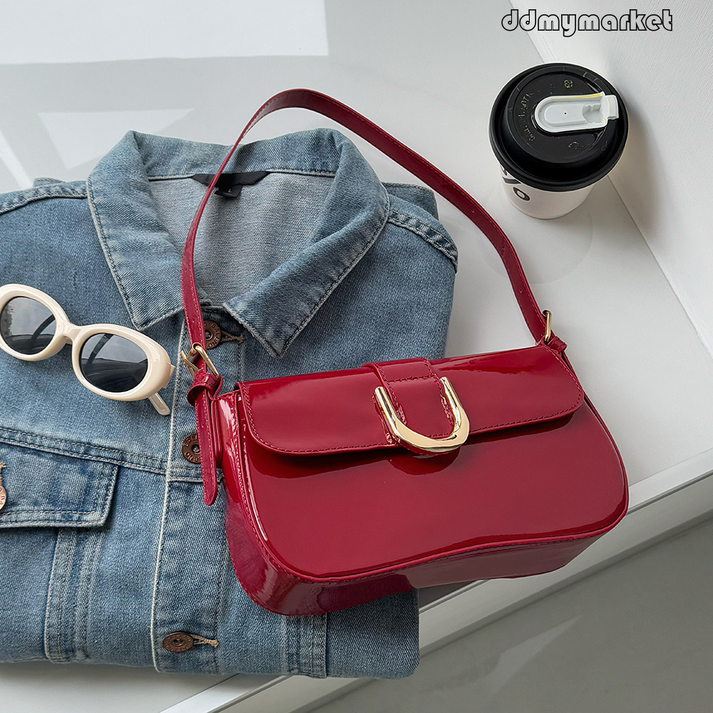 Burgundy Handbag for Women 2025 New Style Handheld Underarm Textured Versatile Crossbody French Niche Single Shoulder Shiny Bag ddmymarket