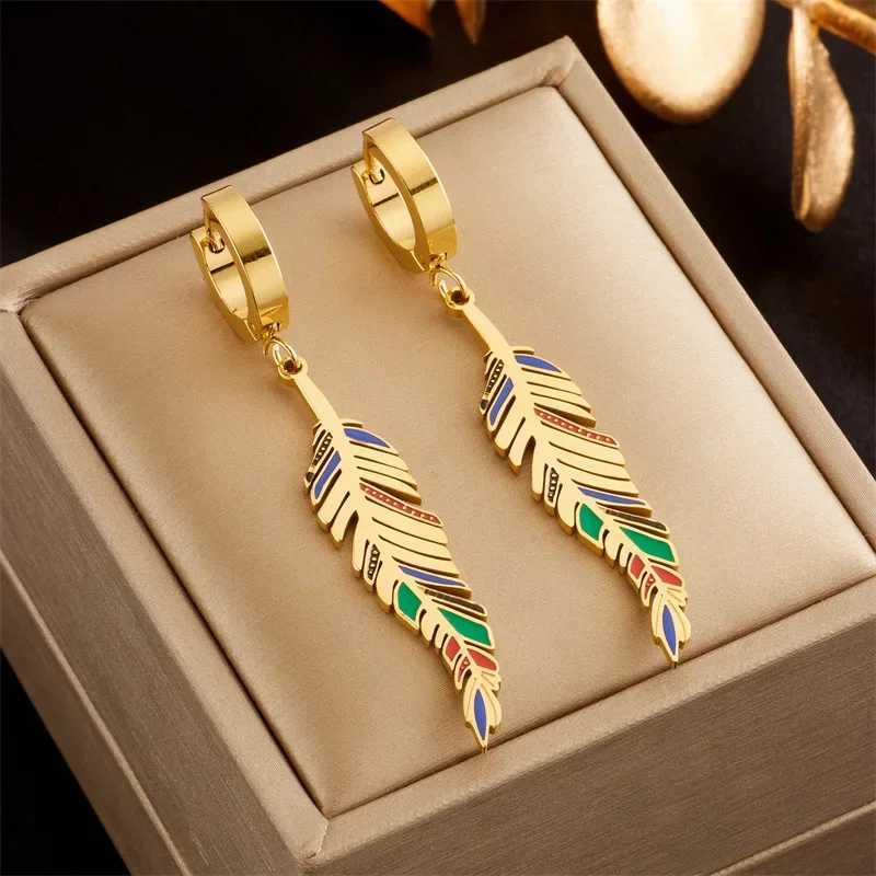 Minar High Quality 18K Gold PVD Plated Stainless Steel Anti Tarnish Rainbow Enamel Leaves Long Tassel Drop Earrings for Women Y250812