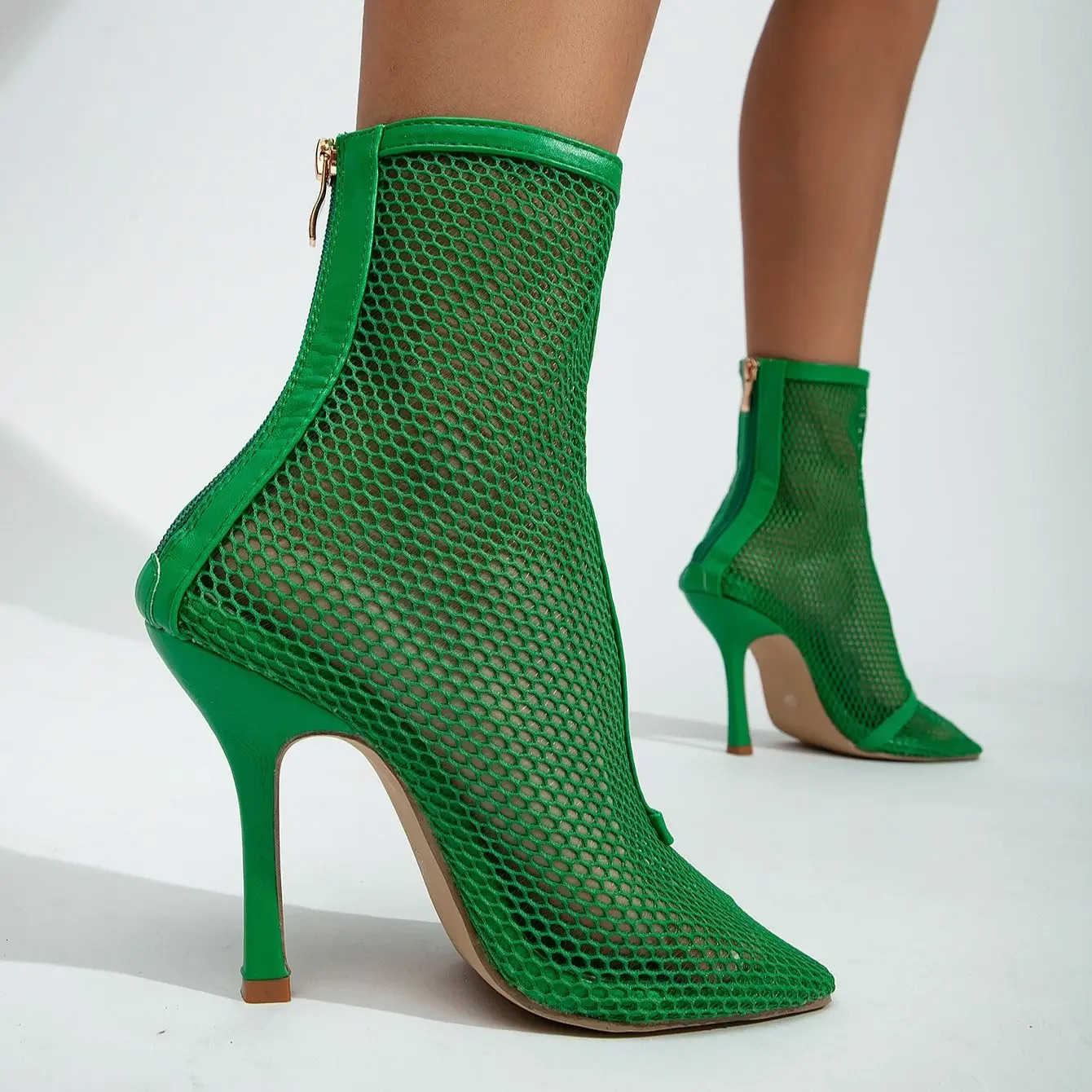 Xibeilove 2025 Fashion Women Ankle Boots Sexy Square Headed Mesh Zipper Green High Heel Breathable Party Ball Shoes 250812