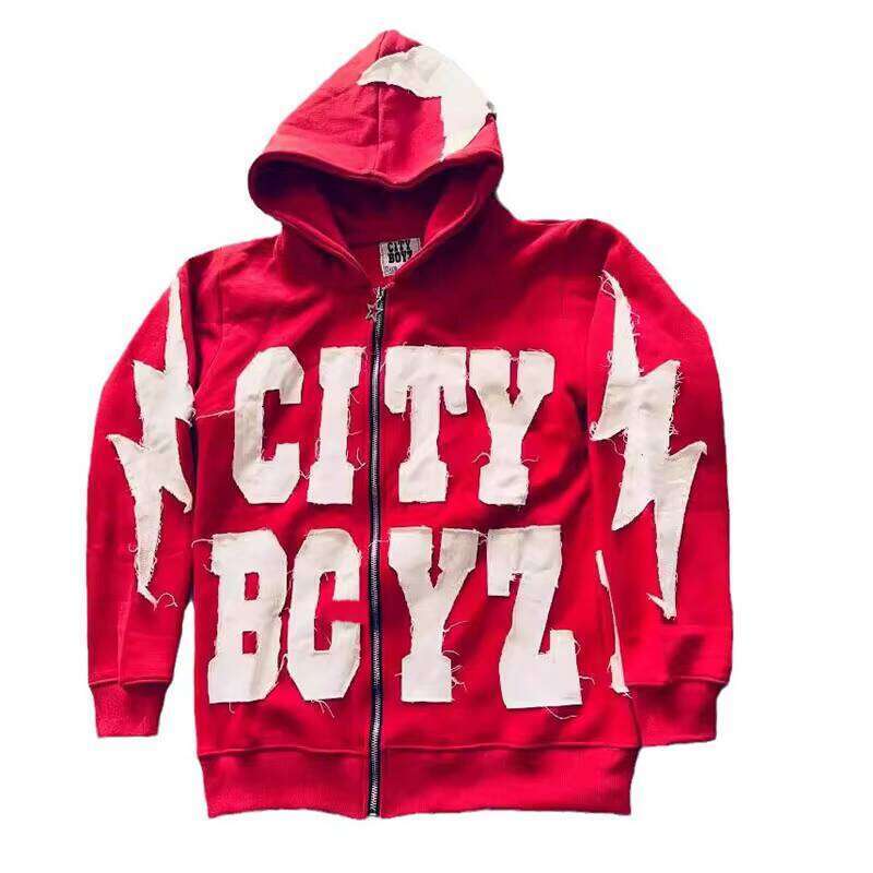 Unisex Acid Wash Zip-Up Hoodie with Custom Rhinestone Embroidered Patch Casual Style for Men in Autumn Season