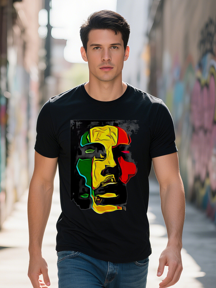 Men S Casual Crew Neck T-Shirt with Vibrant Abstract Face Print Black Soft Fabric Perfect for Summer Everyday bc934