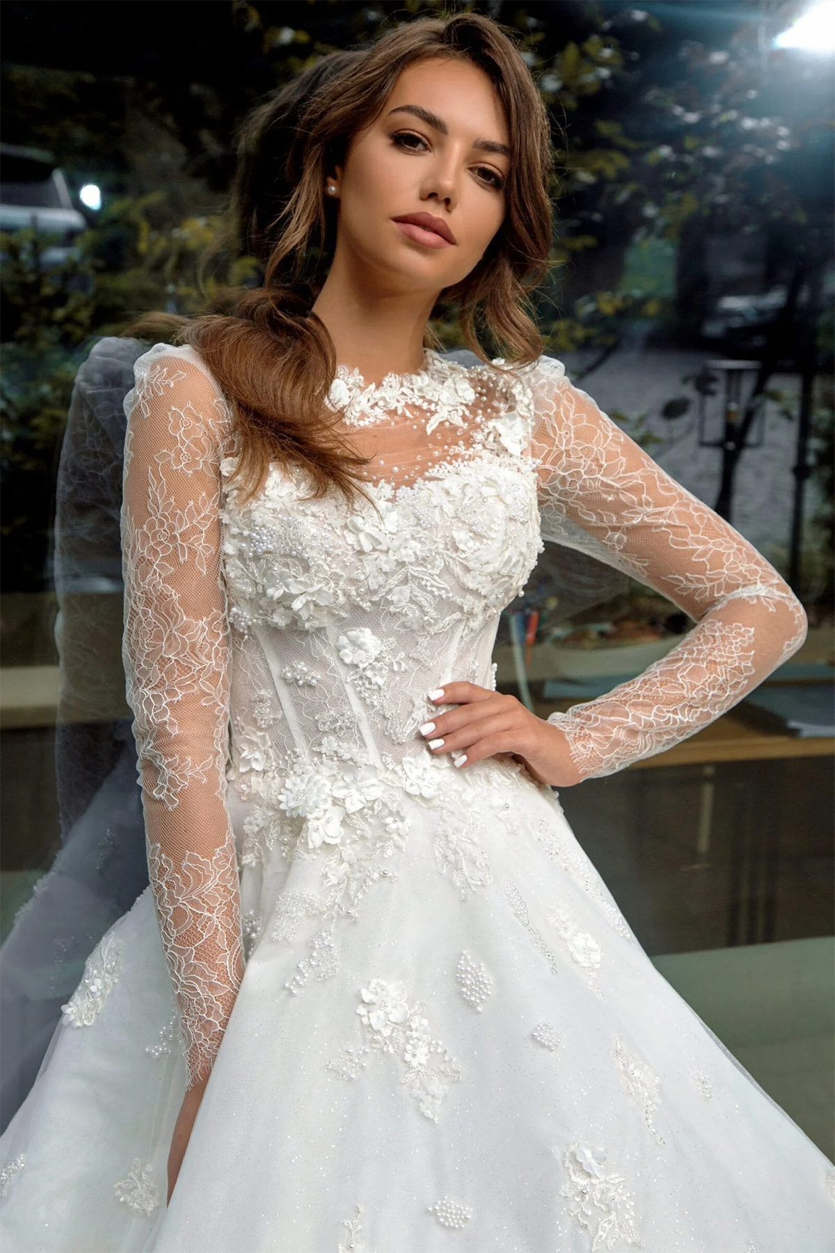 Beaded Floral Lace Wedding Dresses A Line Long Sleeves Illusion Bridal Gowns with Sweep Train Custom Made Castle Dresses for Birthday Special Occasion