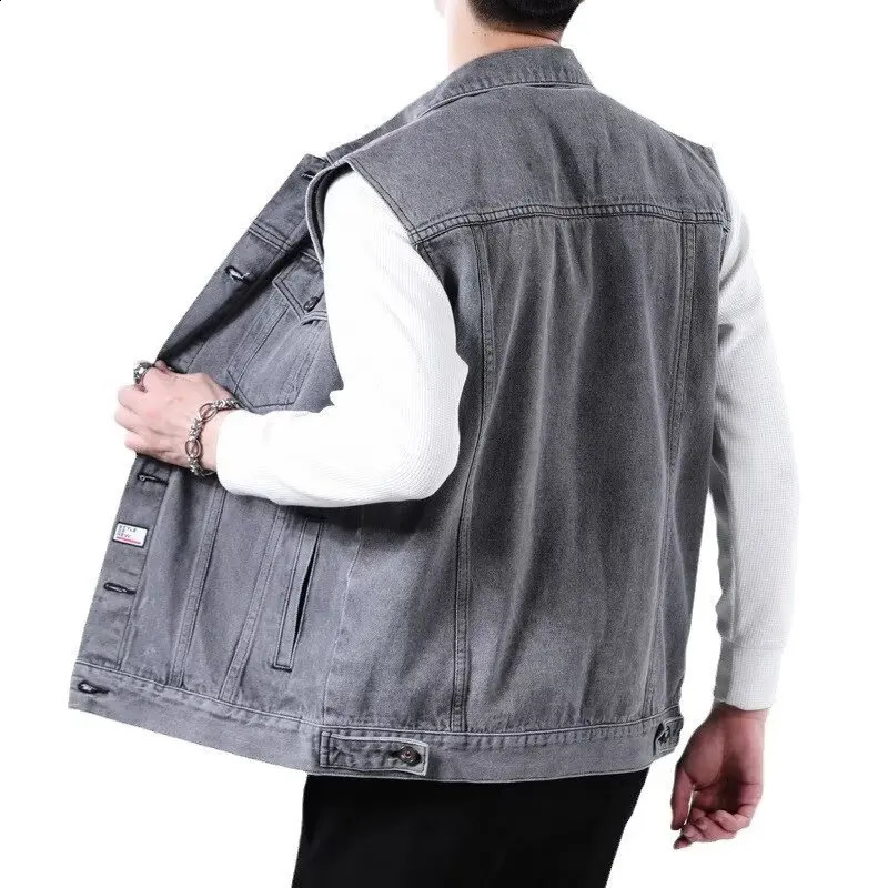 High end retro denim vest mens sleeveless lapel multi pocket workwear 250805