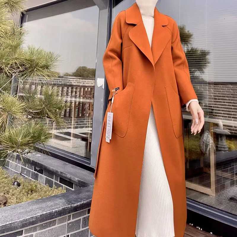 2025 Fall Winter Jacket Ripple Double-sided Wool Cashmere Coat Bathrobe Style Windbreaker Women Belt Long Thick Warm Z250813