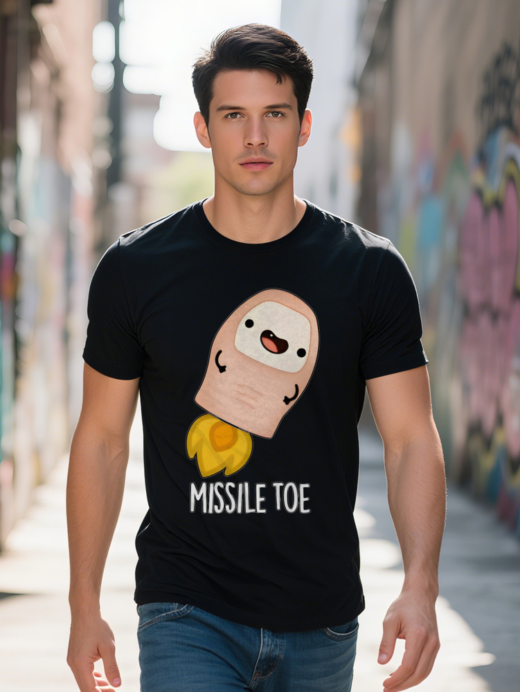 Men s Casual Graphic T Shirt with Playful Cartoon Toe MISSILE TOE Print Black Round Neck Summer Tee Regular Fit