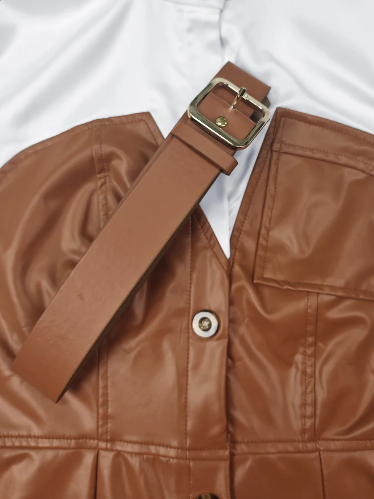 Gymystars Womens Dresses Shirt PU Skirt Autumn Buttons Long Sleeve Patchwork Pocket Skinny Belted Lapel Female Midi Dress 250806