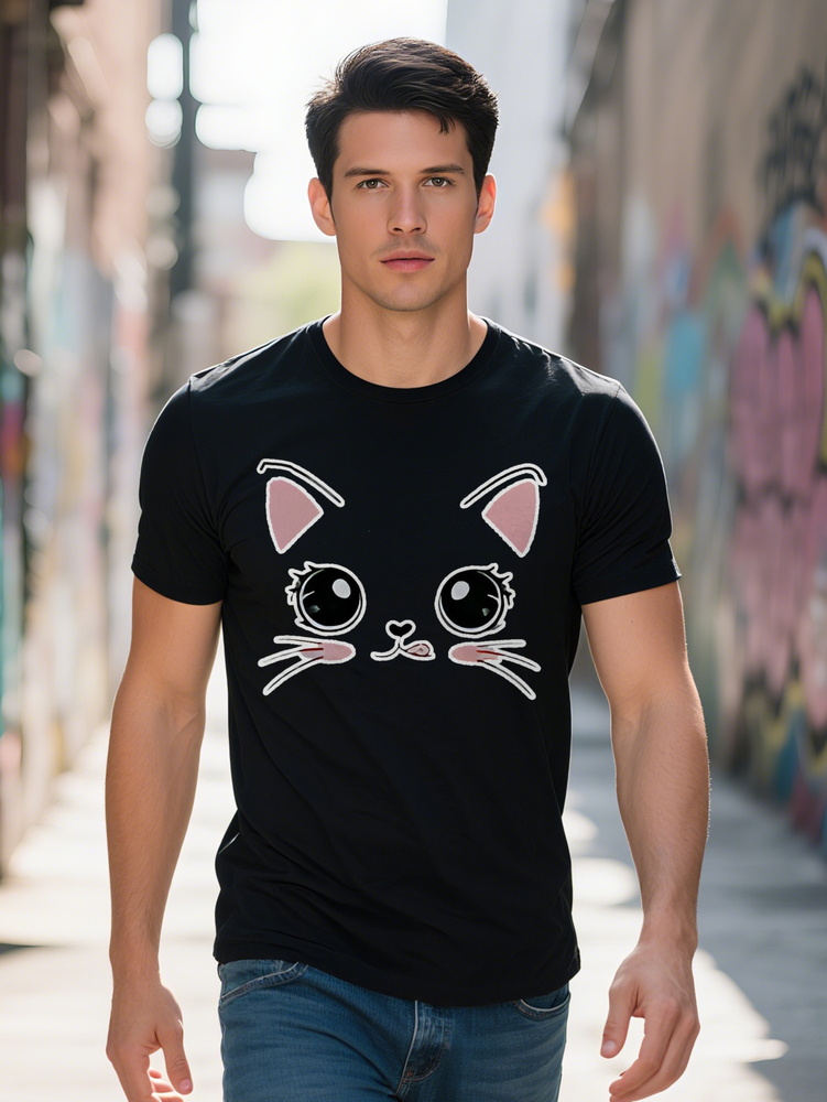 Men s Crew Neck T Shirt with Cute Cat Face Graphic Print Soft Short Sleeve Essential Black Summer Casual Wear 1b525