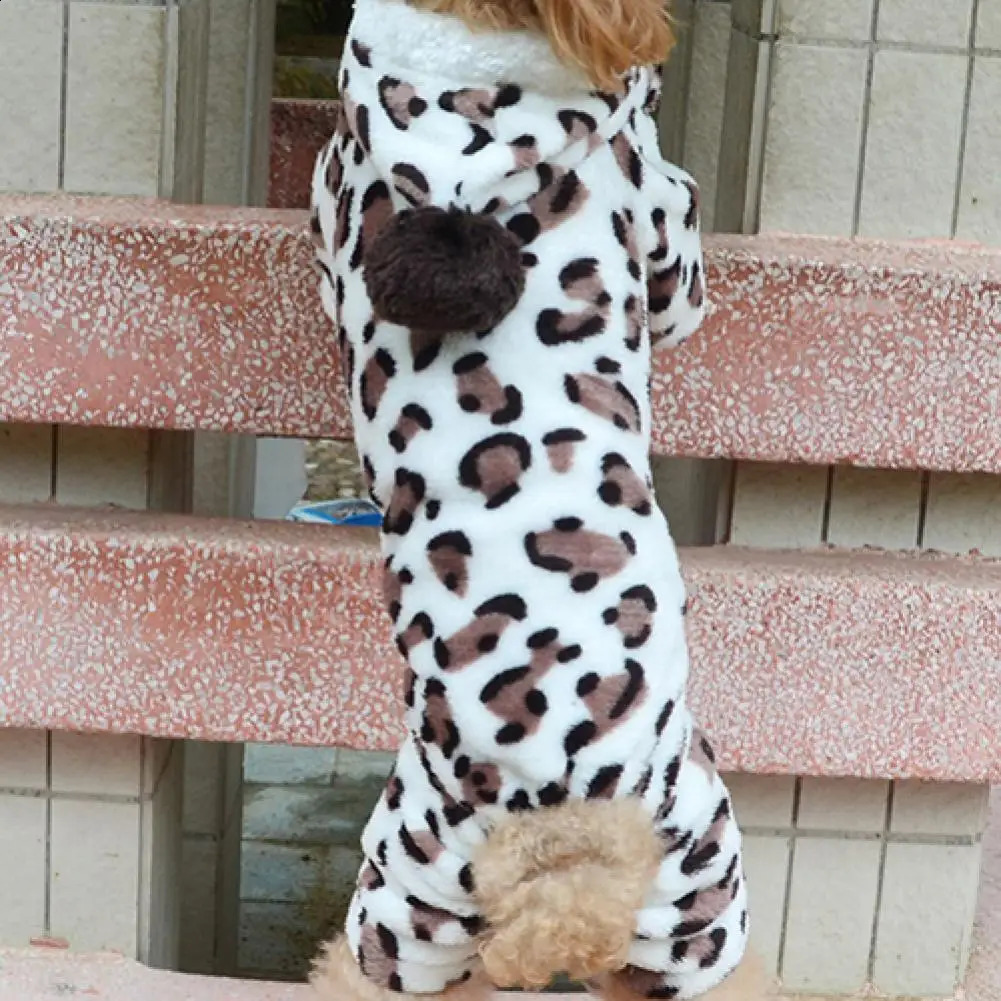 Dog Hoodie Hooded Flannel Winter Warm Leopard Printed Pet Puppy Clothes Jumpsuit Pajamas Outwear for Home 250806