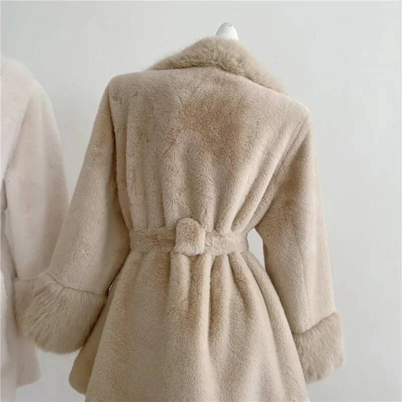 Winter Women Faux Furs Jackets Coats With Belt Elegant Waist Hing Slimming Fur Big Collar Thickened Warm Outerwear
