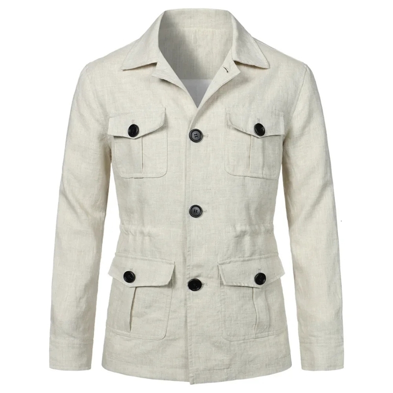 Mens Coats Safari Jacket Linen British Retro Gentry Suit Pockets Outerwear Fashion Solid Color Male Tops Ropa Hombre 250811