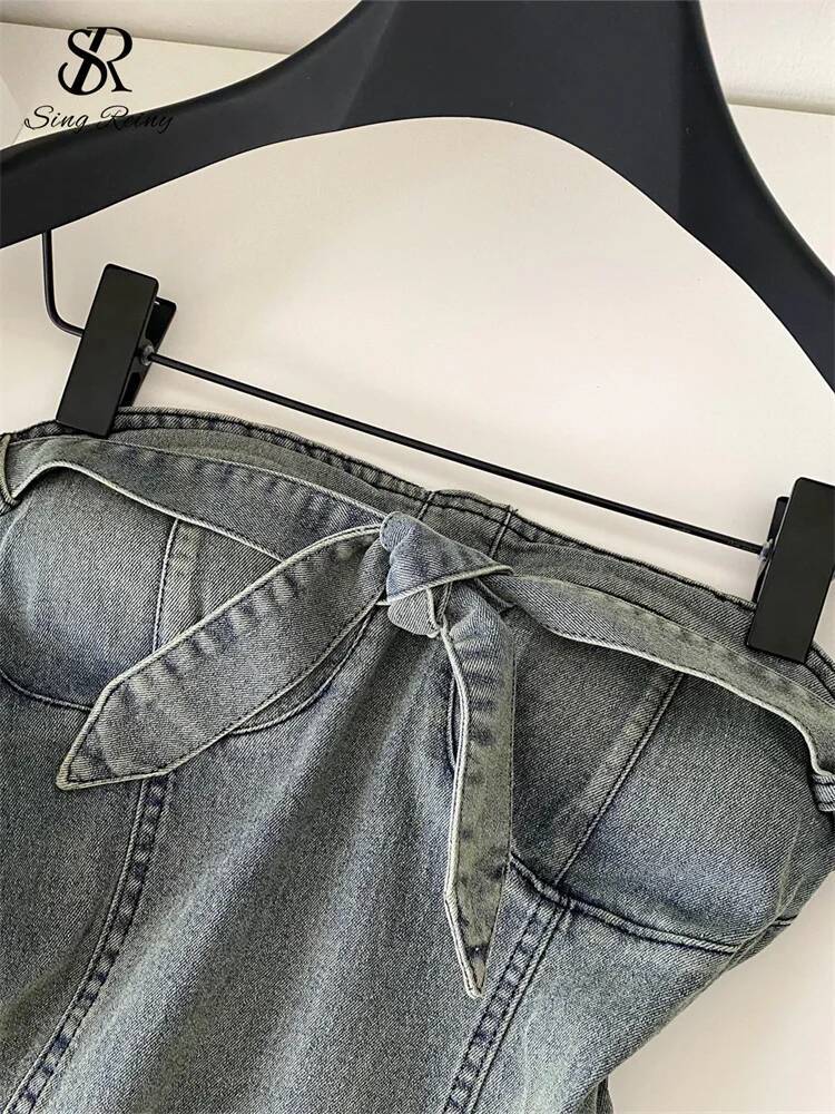 2025 vest SINGREENY American retro denim mini top bow strapless sleeves backless slim fit trend vest women's popular streetwear sexy vest designe