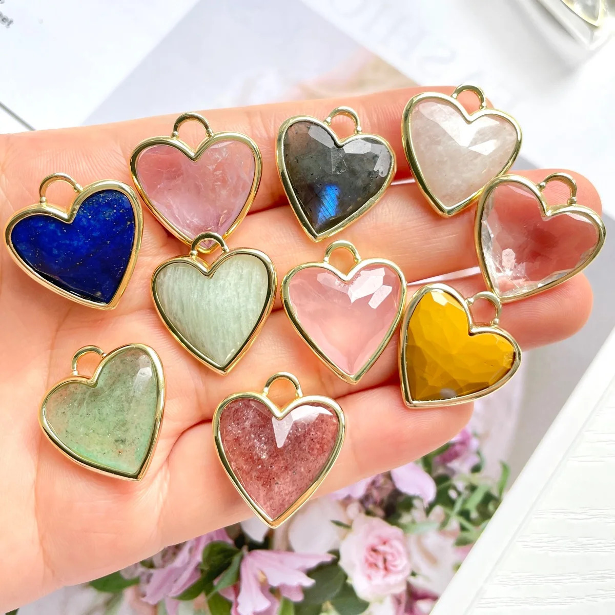 5pcs Gold-Plated Bezel Labradorite Amethyst Quartz Crystal Stone Heart Pendants for Earring Necklace Bracelet Jewelry Making 250807