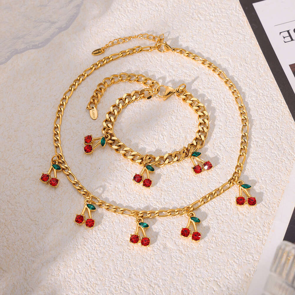 Fashionable and Elegant Glass Stone Red Cherry Jewelry Set Trendy Accessories Simple Necklace Bracelet