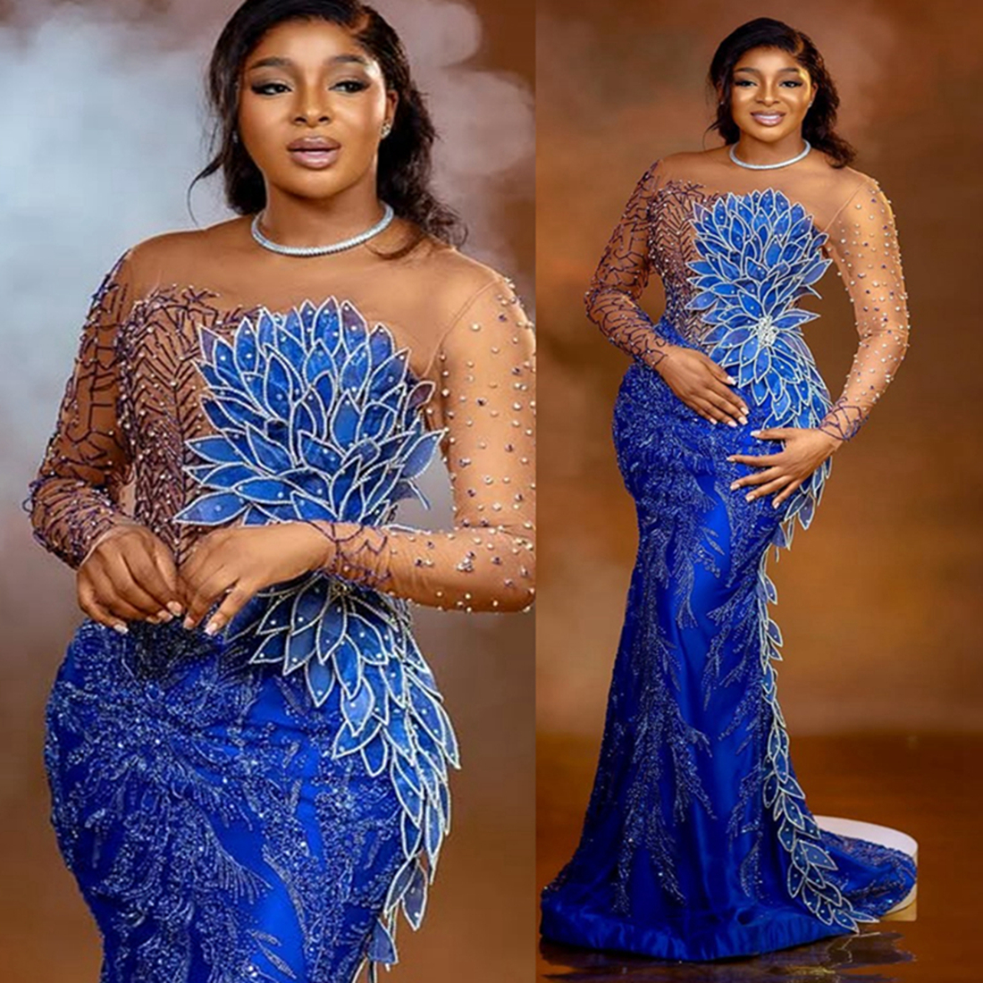 Aso Ebi Plus Size Royal Blue Prom Dress 2025 Evening Dresses For Special Occasions Sheer Neck Beaded Lace Long Sleeves Birthday Dress Second Reception