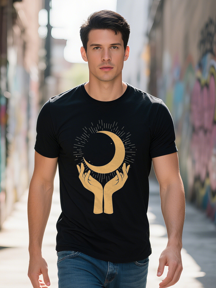 Men S Casual Crew Neck T-Shirt with Golden Moon and Hands Design Soft Fabric Summer Style Perfect Gift for Him