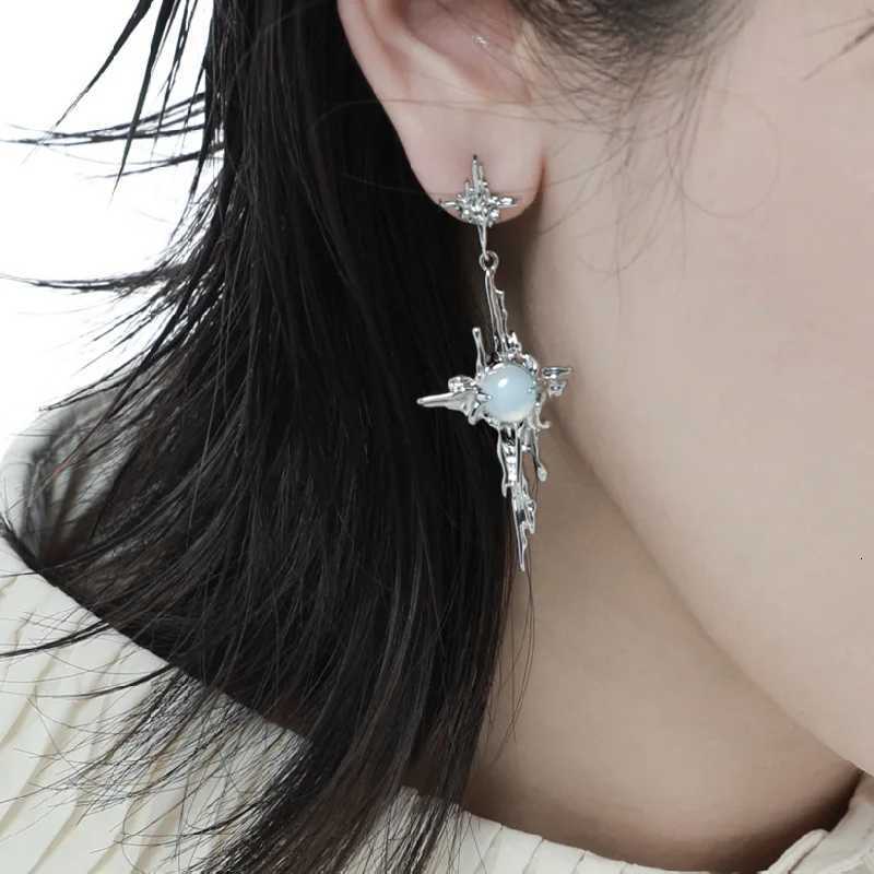 Irregular Liquid Metal Cross Moonstone Dangle Earrings Young Girl Trend Metal Cross Moonstone Drops Earrings Jewelry Y250812
