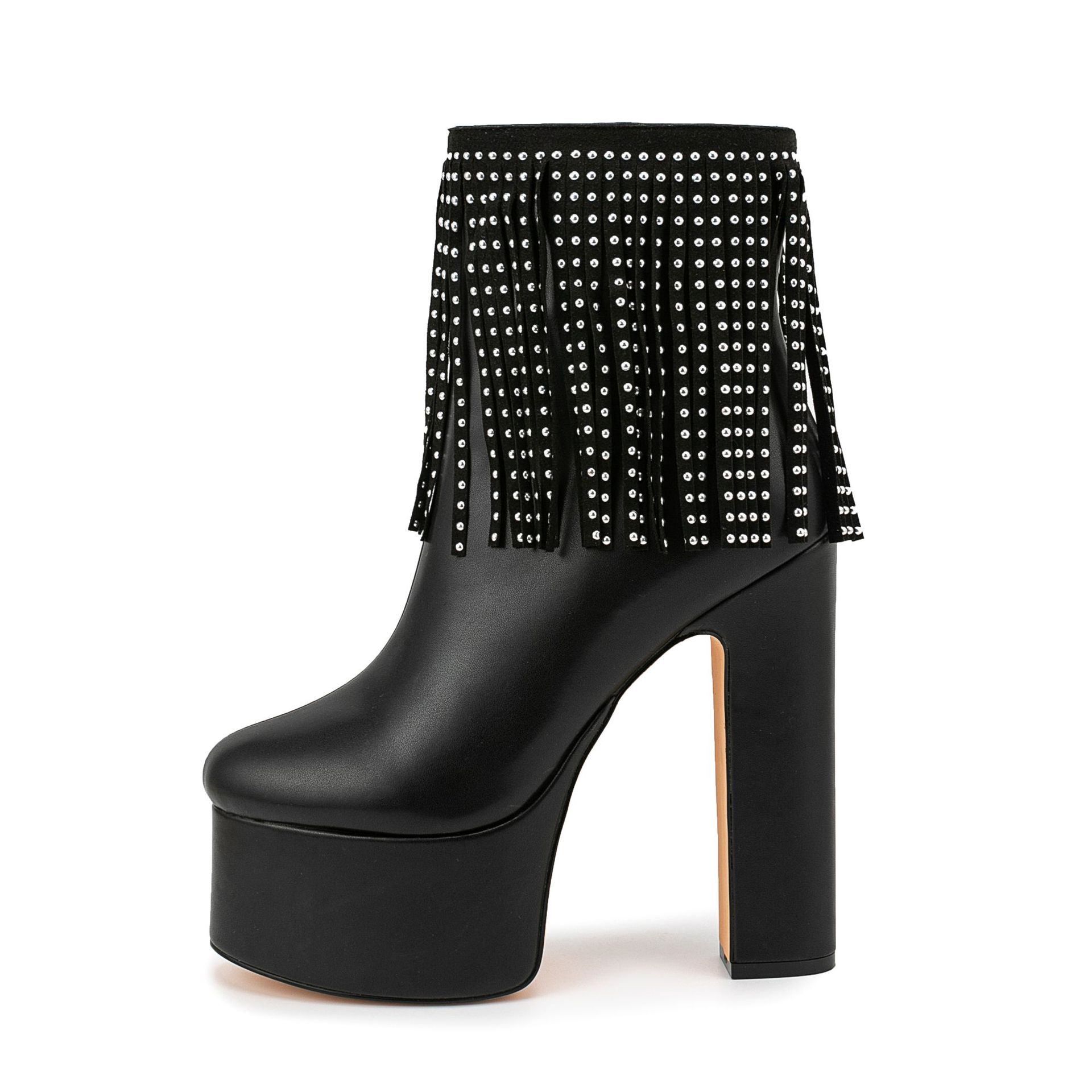 Artisan Wide-Width Stage Boots - Crystal Fringe Platform Ankle Boots Size 45 Chengdu Handcrafted (Theatre Black)