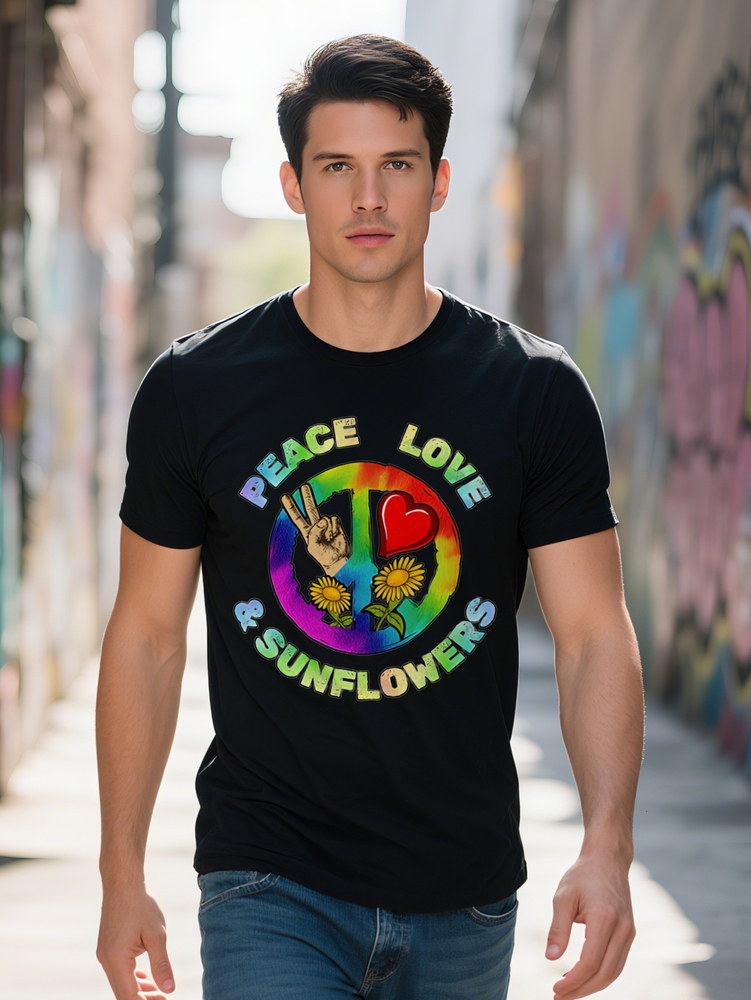 Men S Round Neck T-Shirt with Love Suowers Graphic Rainbow Peace Sign Heart Design Lightweight Summer Tee Perfect