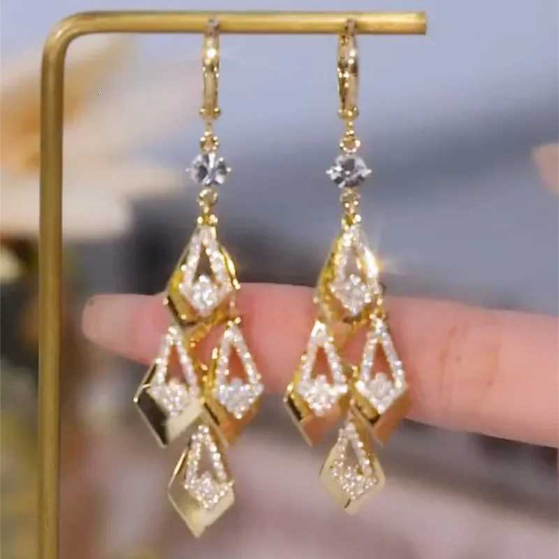 Super Sparkling Rhombus Zircon Golden Tassel Earrings For Women Fashion Personalized Daily Accessory Party Jewelry Birthday Gift Y250812