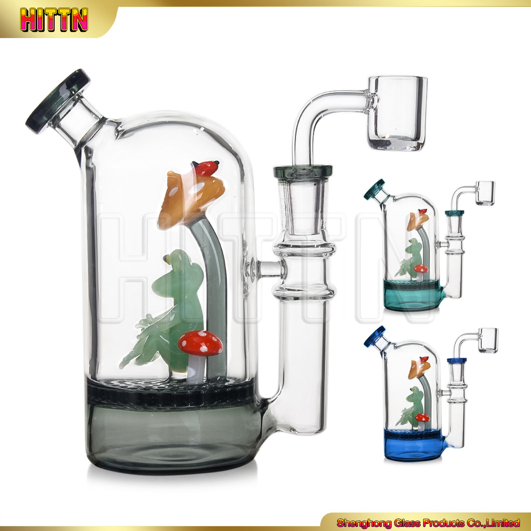 6 Inches Cute Mushroom Resting Frog Dab Oil Rig Mini Glass Bong Portable Glass Smoking Water Pipes for Dabbing with 14mm Quartz Banger Blue Green Black