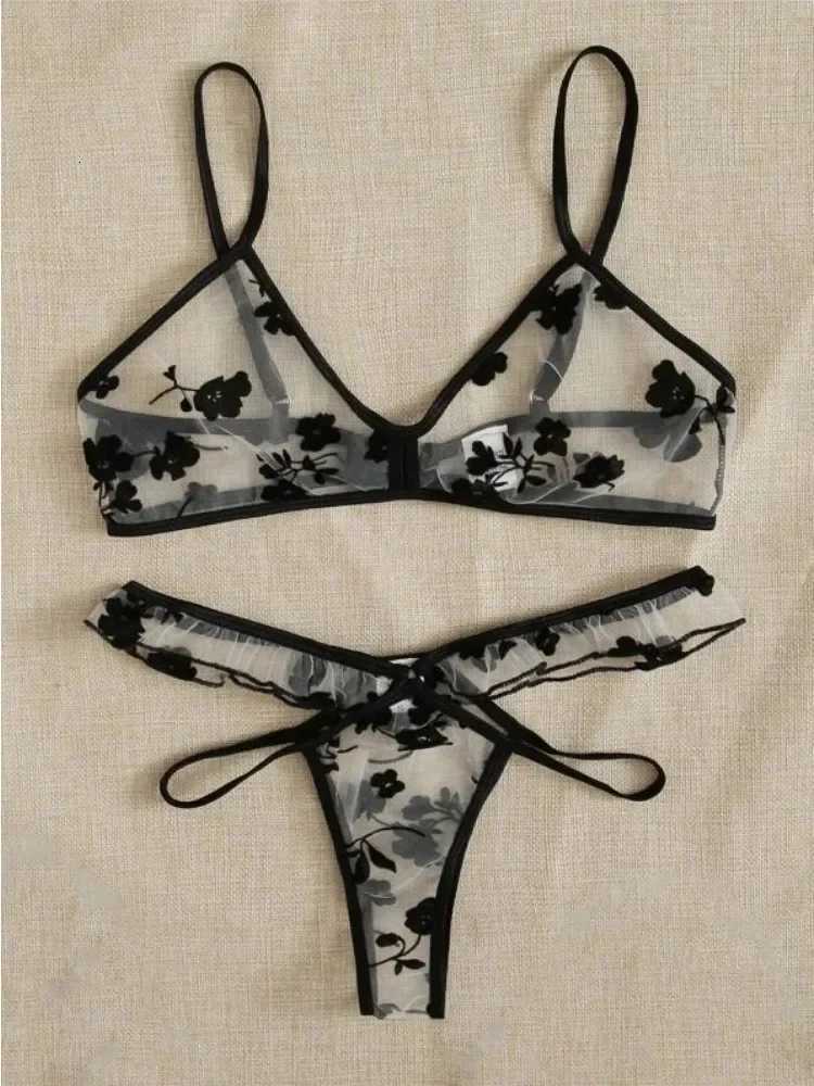 2025 Summer Women Lace Bra Set See-Through Sexy Lingerie Thin Strap Underwear Suit Floral Print Stylish Bralettes XJ250812