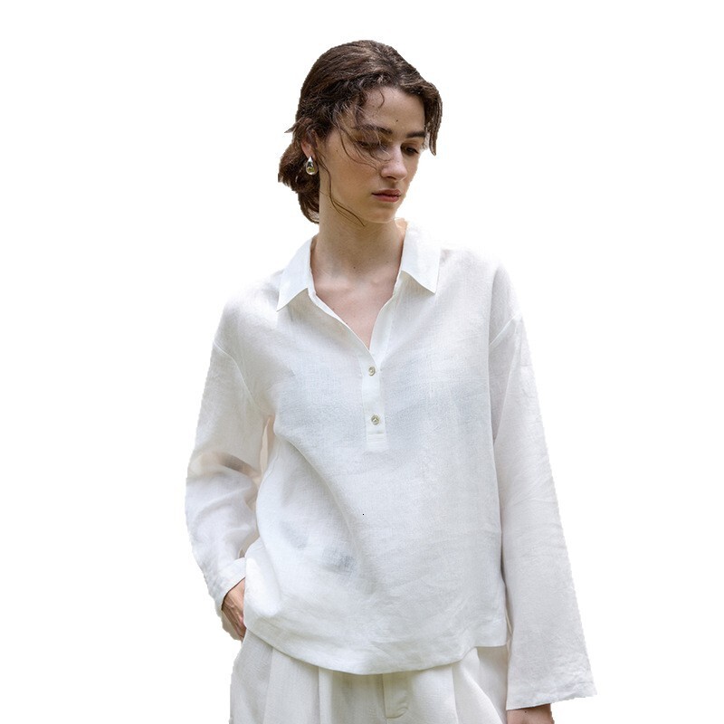 Pieces Linen Old Money Style Long Sleeve Women's Turn-Down Autumn Polo Collar Top Design Sense Loose Shirt