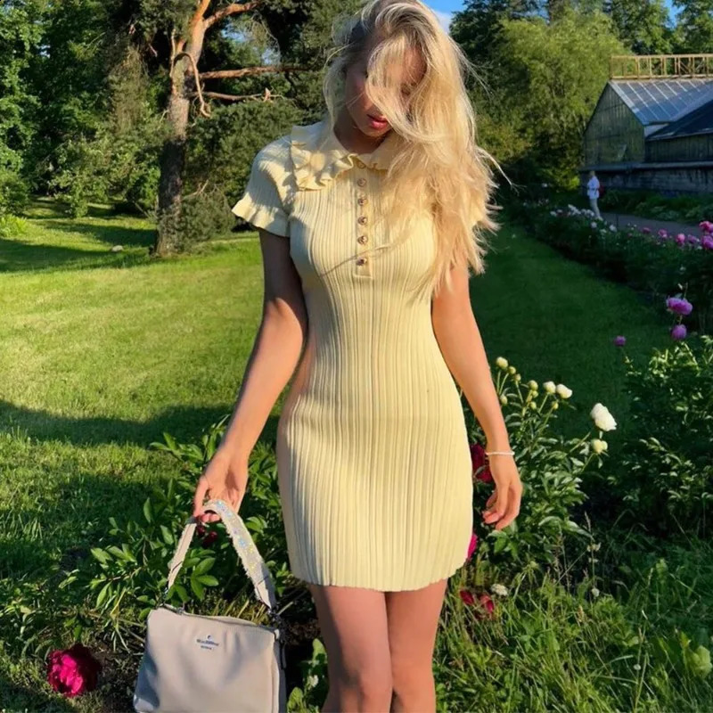 Talenza Knitted Elegant Ruffle Mini Dress Womens Retro Single Breasted Dress Sexy Short Sleeve Solid Color Slim Fit Mini Dress 250806