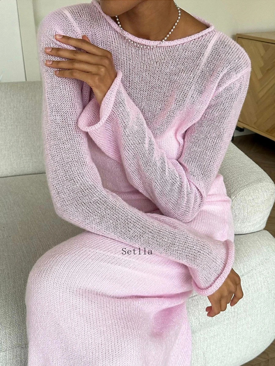 Spring Autumn O-Neck Elastic Knit Long Dresses Women Elegant Chic Soft Lady Hollowing Sweater Dresses Femme Two Piece Set 250805