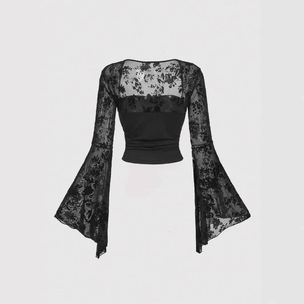 2025 Summer New Women's Tank Top Design Sexy Lace Splicing Long Sleeve Mesh T-shirt Sexy Elegant Style Long design Sleeve Square Neck Polyester F