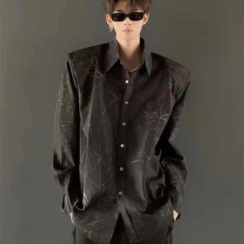 Deconstructed Textured Black Crackle Shoulder Pad Shirt 250811
