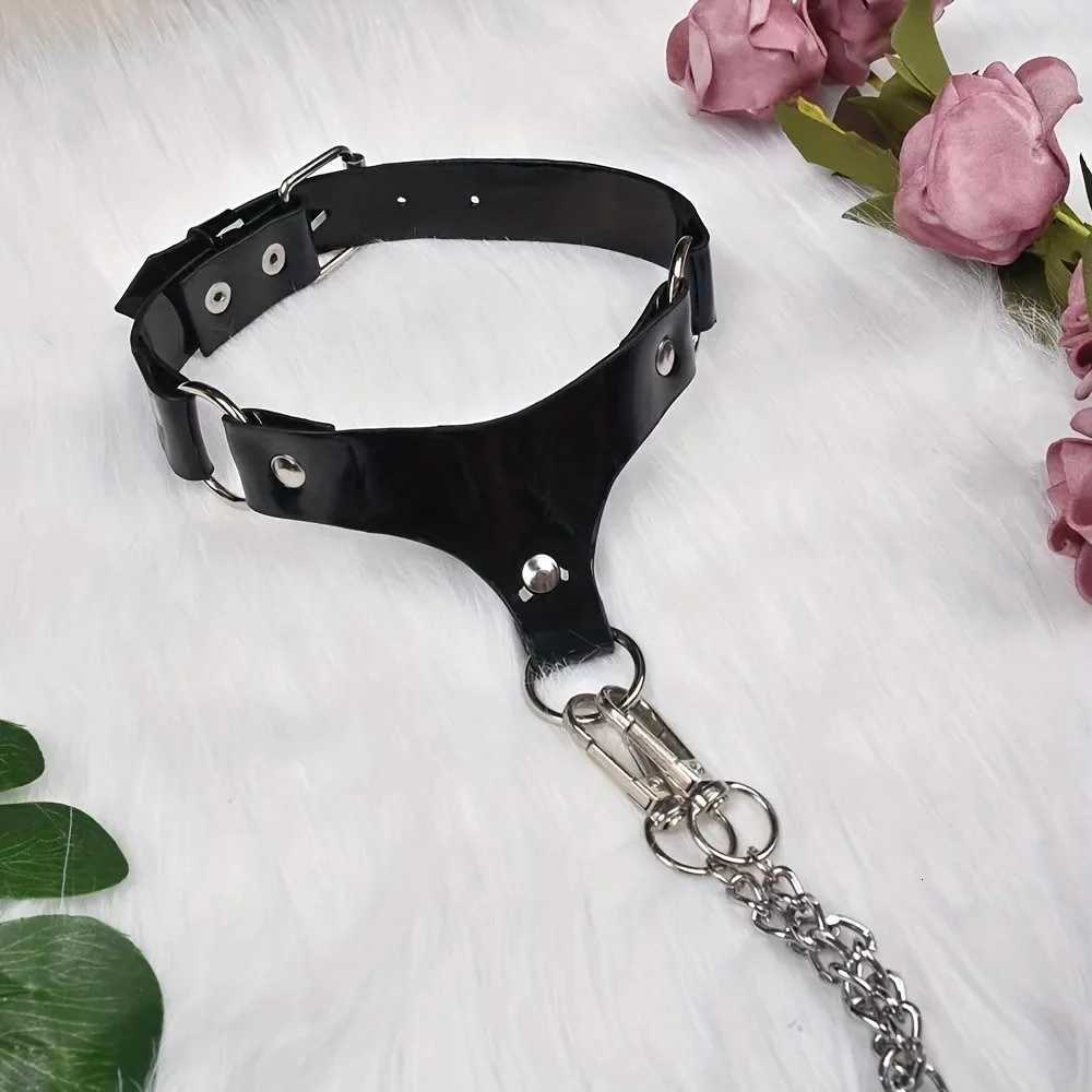 Fun Fashion Sexy Trend Black Leather Metal Chain Bondage Neck Collar Handcuffs Gags Muzzles Sexy Tools for Couples XJ250813