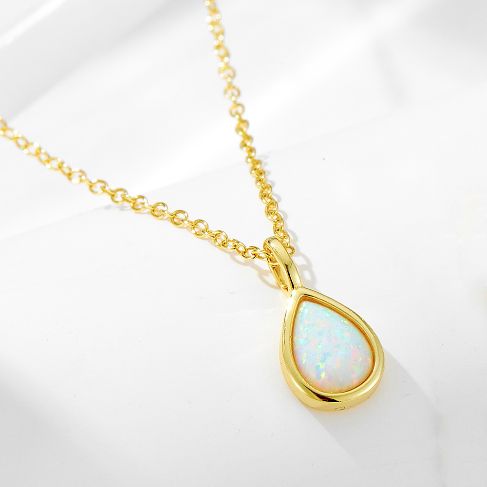 S Pure Sier Geometric Pear-Shaped Opal Necklace Light Ins High-End Simple Water Drop Pendant Collarbone Chain Jewelry for Women