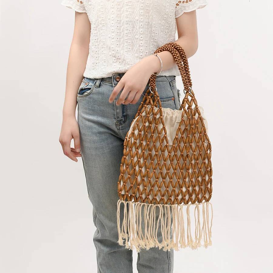 Summer Braided Bead Purse Handbags Solid Color Hollow-out Woven Tote Female Travel Fringe Beach Reticulate netted Canvas Clutch high-quality
